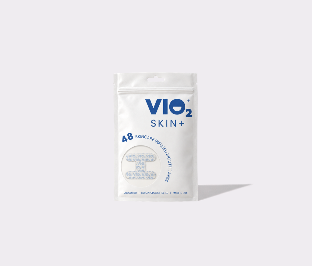 VIO2™ Skin+ skincare-infused mouth tape in white packaging, designed for health and beauty use.