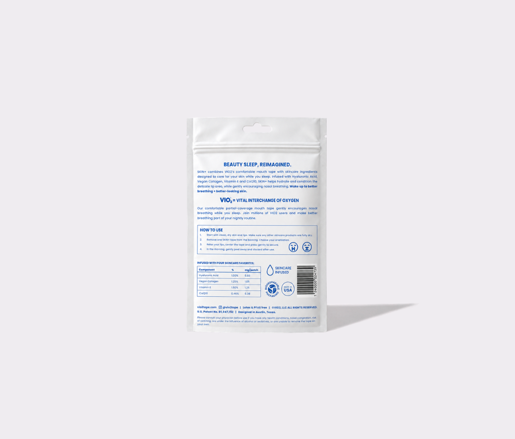 VIO2™ Skin+ Skincare-Infused Mouth Tape in packaging, designed for health and beauty use with skincare benefits.