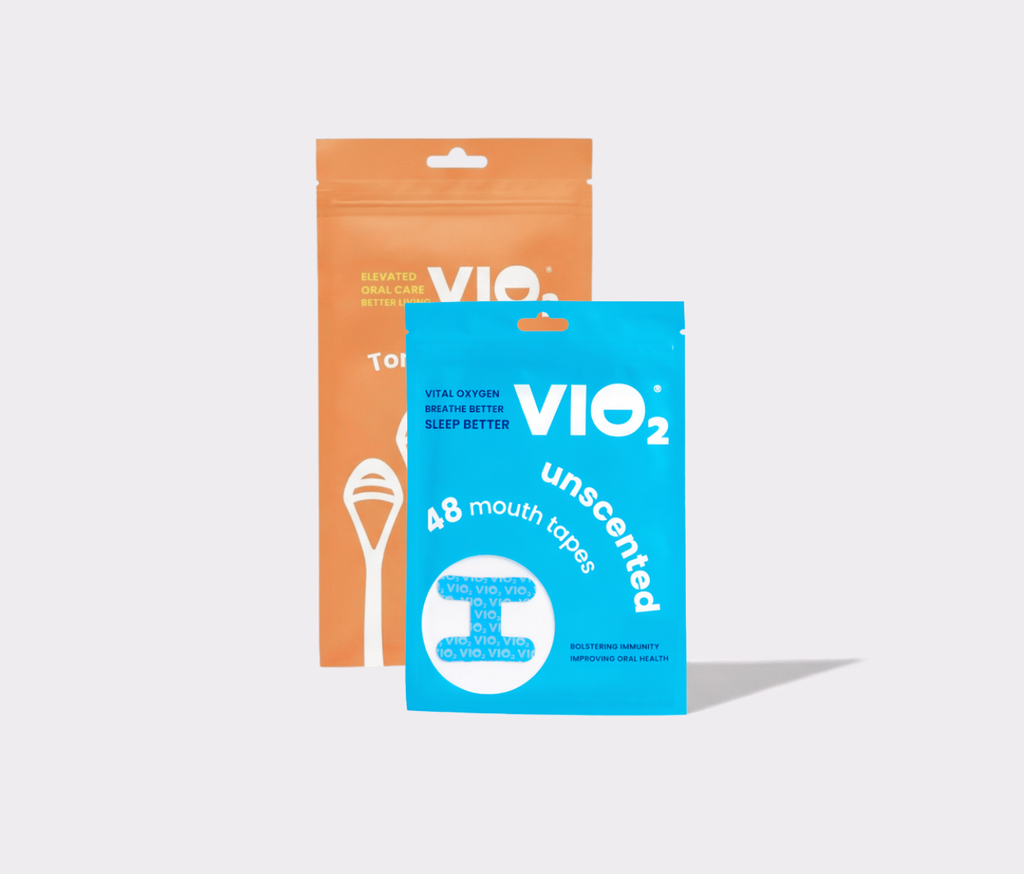 VIO2tape VIO2™ Mouth Tape and Tongue Scraper bundle in original packaging, showing the tape roll and tongue scraper tools.
