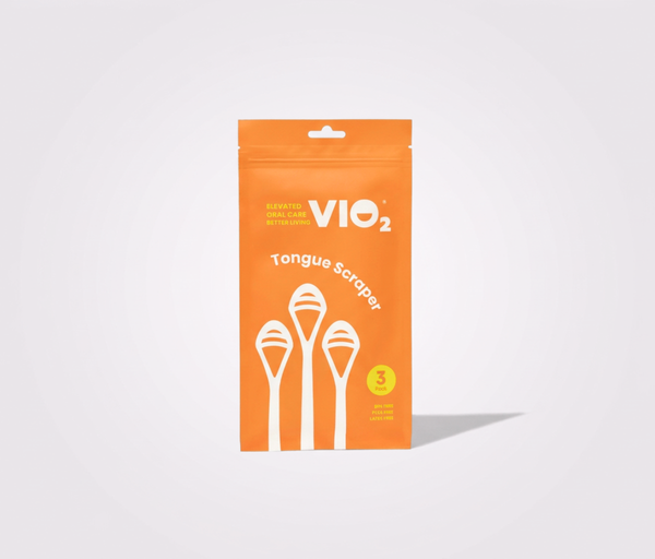 VIO2™ tongue scraper pack of 3 reusable BPA-free, PFAS-free, latex-free oral hygiene tools on a clean surface.
