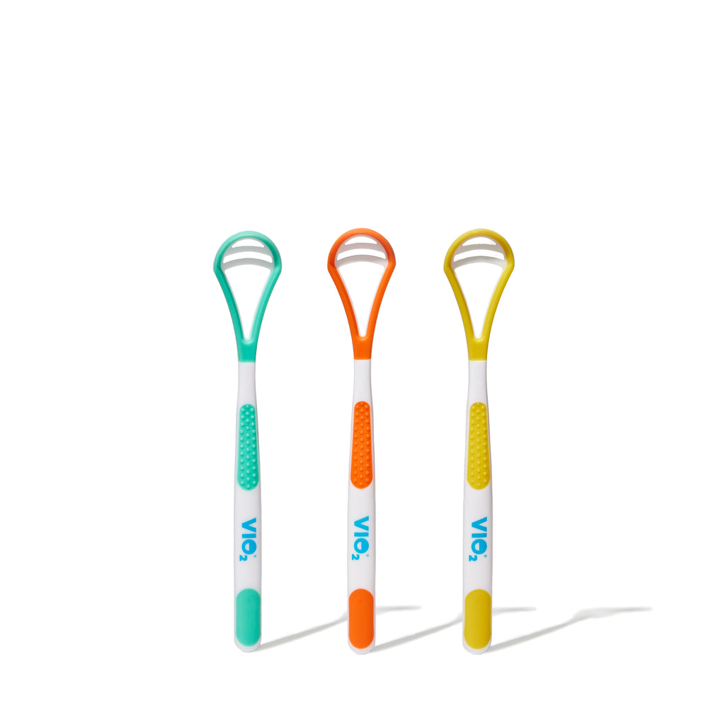 VIO2™ Tongue Scraper pack of 3 reusable, BPA-free, PFAS-free, latex-free oral hygiene tools on a white background.