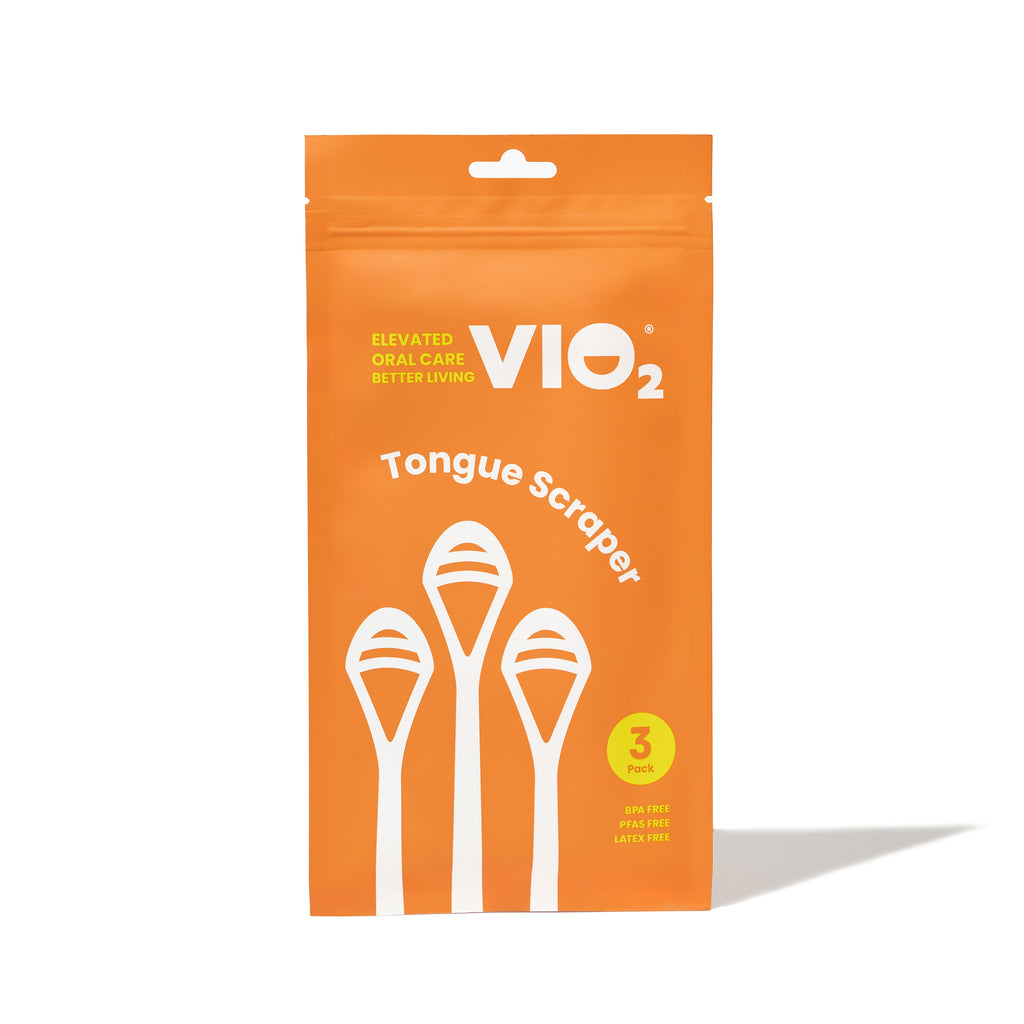 VIO2™ Tongue Scraper pack of 3 reusable BPA, PFAS, and latex-free tongue cleaning tools, designed for oral hygiene.