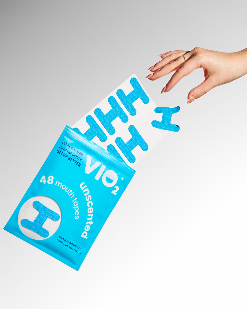 VIO2™ Unscented Mouth Tape for sleep and health, showing the sealed pack of VIO2tape brand mouth tape on a white background.